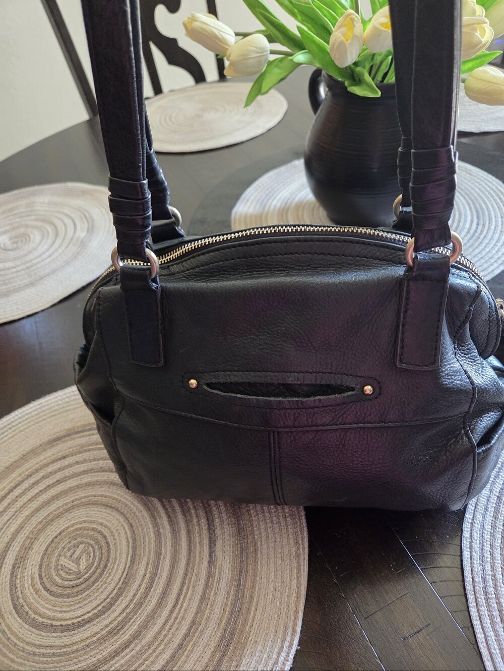 b. makowsky Black Leather Shoulder Bag with Gold-Tone Accents